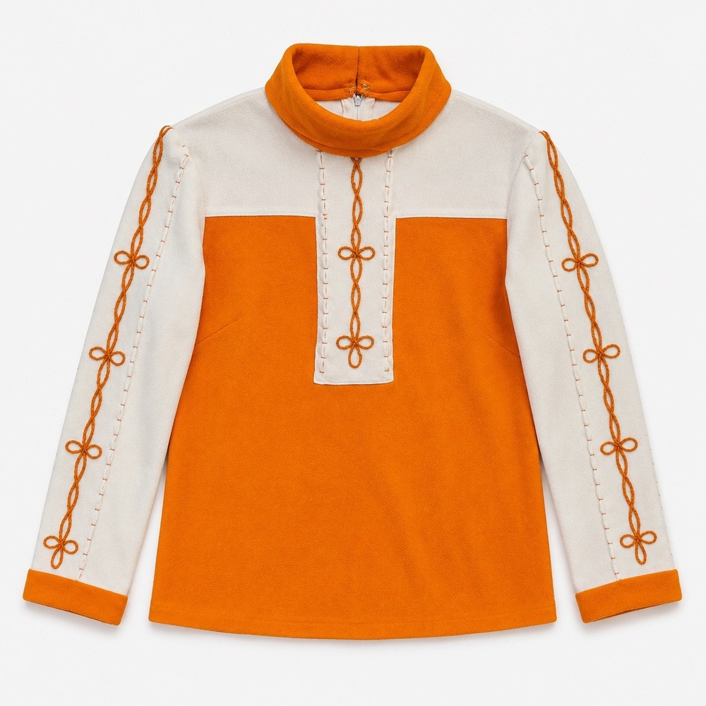True Vtg 60s 70s Mod Color Block Top Orange White Embroidered Mock Neck XS